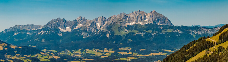 High resolution stitched panorama at the famous Kitzbueheler Horn summit, Kitzbuehel, Wilder Kaiser, Tyrol, Austria
