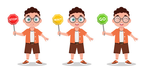 Boys set, schoolboy with road sign. Vector illustration