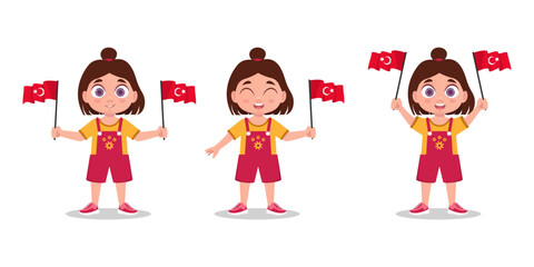 Set of cute baby with Turkey flag in hand. girl with a flag. Vector illustration