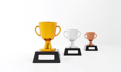 Trophies for winners. Set of gold, silver, and bronze trophies on a black pedestal isolated on a white background. Winner concept, award design, achievement, 1st, 2nd, 3rd place 3D render illustration