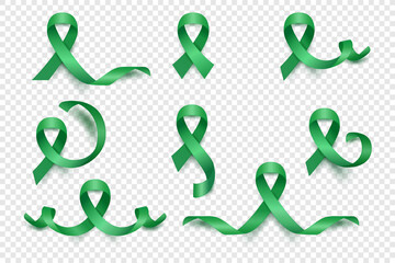 Vector 3d Realistic Emerald Green Ribbon Set. Liver Cancer Awareness Symbol Closeup. Cancer Ribbon Template. World Liver Cancer Day Concept