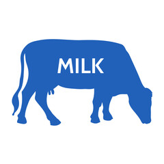 Cow silhouette icon. Cow with grazing, blue. For dairy products, contains milk or agriculture