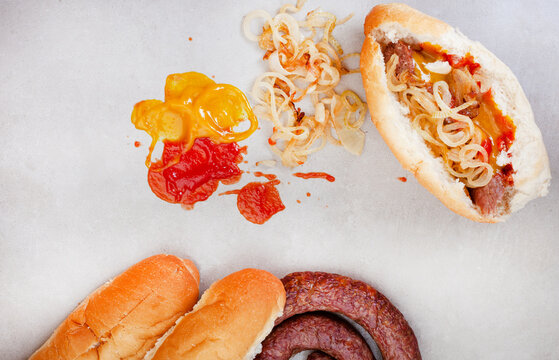 South African famous boerewors roll, flat lay with ingredients and copy space