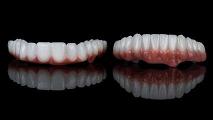 two excellent zircon dental prostheses on a black background with reflection