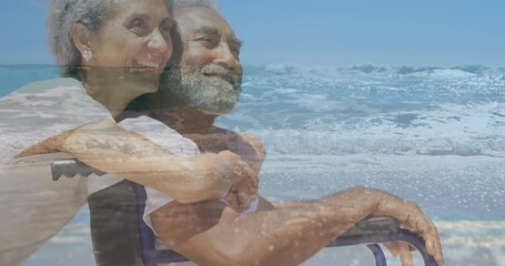 Animation of sea landscape over biracial woman and disabled man sitting in wheelchair - Powered by Adobe