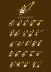 Watercolor collection boho alphabet with gold letters, decorated with flowers beige peach roses and leaves with berries, exotic.Holiday decoration, hand-painted from A to Z. Monogram initials ideal 