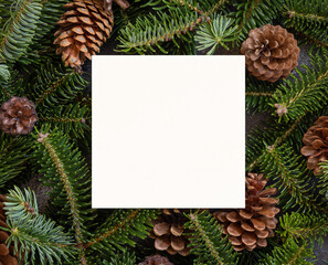 Fototapeta na wymiar Christmas Square blank card between fir branches and pine cones on green top view