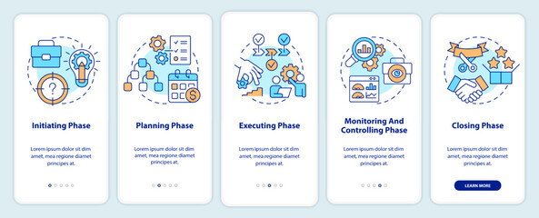 Phases of project management onboarding mobile app screen. Business walkthrough 5 steps editable graphic instructions with linear concepts. UI, UX, GUI template. Myriad Pro-Bold, Regular fonts used