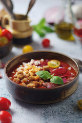 Spanish traditional tomato soup salmorejo	
