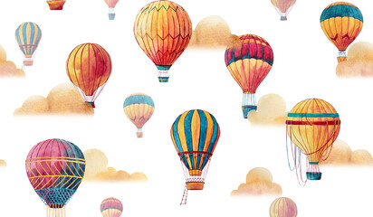Watercolor seamless pattern with illustration of hot air balloons, clouds isolated on white. Hand-drawn pattern for fabric design, wallpaper, kid room decoration, wrapping paper, cover, card, textile. © Gulsim
