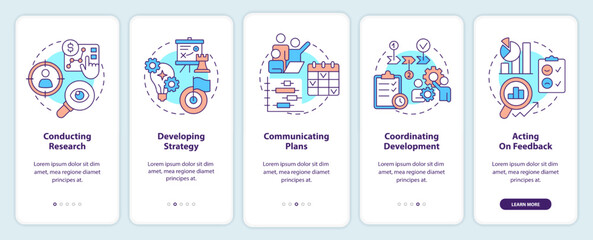 Product management onboarding mobile app screen. Business walkthrough 5 steps editable graphic instructions with linear concepts. UI, UX, GUI template. Myriad Pro-Bold, Regular fonts used