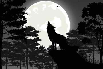 cute wolf and moon silhouette landscape