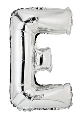 Letter E in silver mylar balloon isolated on transparent
