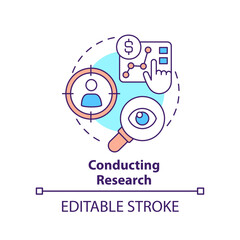 Conducting research concept icon. Analyse market and customers. Product management abstract idea thin line illustration. Isolated outline drawing. Editable stroke. Arial, Myriad Pro-Bold fonts used