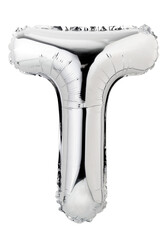 Letter T in silver mylar balloon isolated on transparent