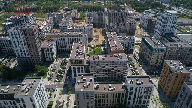 Drone aerial view modern building Residential complex Faina Town. Construction of residential premises. Kyiv capital of Ukraine