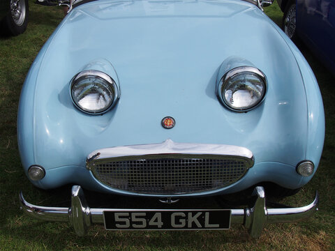 Hebden Bridge, West, Yorkshire, United Kingdom - 7 August 2022: : Front View Of A Vintage Blue Austin-Healey Sprite 1960s British Sports Car At Hebden Bridge Vintage Weekend