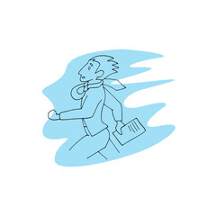 Running office worker, late manager. A man in a suit hurries with documents in his hands. Vector illustration conveying the mood. Office life