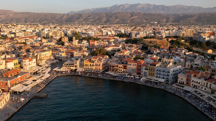 Fototapeta na wymiar Landscape of the city of Rethymno, photo of Greece from a drone, aerial view