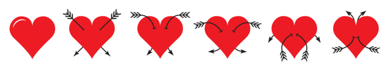 Abstract red heart, love heart set, arrow, love concept vector illustration. Romantic hearts design isolated on white. Amour concept design to use for wedding card, valentines day, marriage invitation