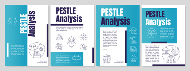 PESTLE analysis blue brochure template. Management tool. Leaflet design with linear icons. Editable 4 vector layouts for presentation, annual reports. Anton, Lato-Regular fonts used - obrazy, fototapety, plakaty