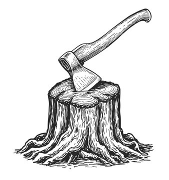 recommend clip art: Stump with stuck ax sketch. Cutting wood and logging. woodcutter tool for chopping wood. Carpentry, natural lumber