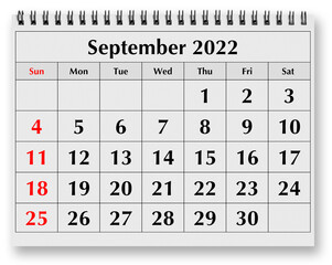 Page of the annual monthly calendar - September 2022