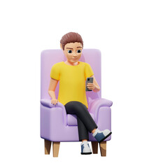 Raster illustration of man resting in a chair. Young guy in a yellow tshirt sits on the phone, relaxes, social networks, surf the Internet. Relax concept. 3d rendering artwork for business