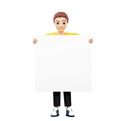 Raster illustration of man holding a white sheet in his hands. Young guy in a yellow tshirt holds a huge paper in front of him, a clean sheet, inspiration, creative and innovative thinking. 3d render