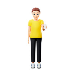 Raster illustration of man with mobile phone. Young guy in a yellow tshirt show smartphone, clicks the phone, sits in social networks, rest, work, technology, watches media, smartphone. 3d artwork