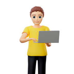 Raster illustration of man shows and clicks on computer. Young guy in a yellow tshirt sits on laptop, nigth work, relaxes, social networks, surf the Internet. 3d rendering artwork for business