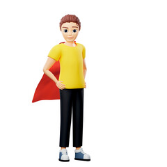 Raster illustration of man standing in a suit a superhero. Young guy in a yellow tshirt and a red cloak with raised hands takes off. Inspiration, saves the world, creative thinking, feat. 3d render