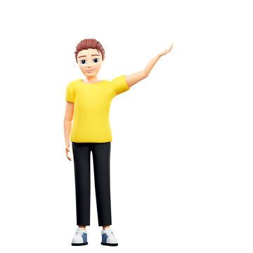 Raster illustration of man pointing to the up with his palm. A young guy in a yellow tshirt indicates the direction, right, left, up, down, destination, route. 3d rendering artwork for advertising