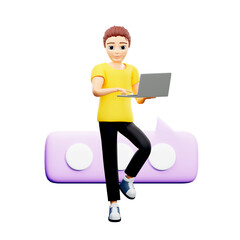 Raster illustration of man holding a laptop near the speech bubbles. Young guy in a yellow tshirt chatting in social networks, thinking about work. 3d rendering artwork for business and advertising