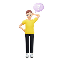 Fototapeta na wymiar Raster illustration of man near a round speech bubble with a question mark. A young guy in a yellow tshirt thought, scratching in the back of the head, problem solving. 3d rendering artwork