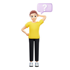 Raster illustration of man near a square speech bubble with a question mark. A young guy in a yellow tshirt thought, scratching in the back of the head, cloud, plan, problem solving. 3d artwork