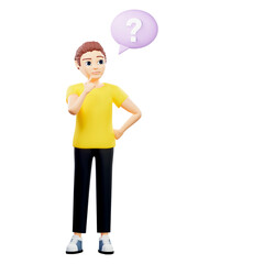 Fototapeta na wymiar Raster illustration of man near a circle speech bubble with a question mark. A young guy in a yellow tshirt thought, oil, idea, direct speech, cloud, plan, problem solving. 3d rendering artwork