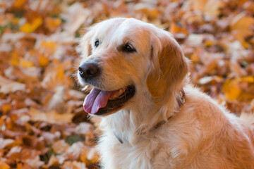 golden retriever breed dog in autumn leaves