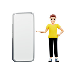 Raster illustration of man standing next to the phone. Young guy in a yellow tshirt points a hand, palm at a giant smartphone, advertising, new phone model, technology, screen. 3d rendering