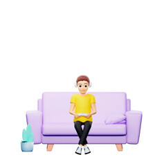 Raster illustration of man plays the game console. Young guy in a yellow tshirt in headphones on the couch holding a joystick, gamer, remote control. 3d rendering artwork for business and advertising