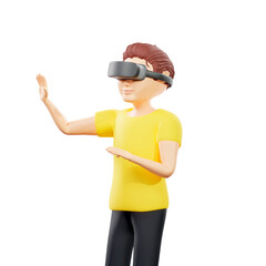 Raster illustration of man wearing black virtual reality glasses. Young guy in a yellow tshirt augmented reality, metaverse, vr helmet, holographic, computer game, gamer. 3d render artwork