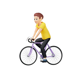 Raster illustration of man riding a bike. Young guy in a yellow tshirt rides bicycle, delivery, transport, speed, traffic rules, cycle. 3d rendering artwork for business and advertising