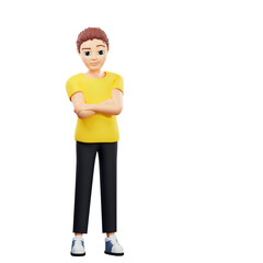 Fototapeta premium Raster illustration of man standing with arms folded across his chest. Young guy in a yellow tshirt standing full time, brooding cunning. 3d rendering artwork for business and advertising