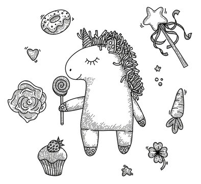 Set with unicorn sweet tooth. Cute fantastic animal. Hand drawn vector illustration