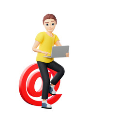 Raster illustration of man writes an email. Young guy in a yellow tshirt holding a laptop and typing a message on the mail, at, address, contact us. 3d rendering artwork for business and advertising