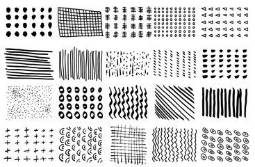 Vector set of grungy hand drawn texture patterns. Lines, circles, smears, waves, brush strokes, triangles. Hand drawn elements for your graphic design