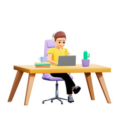 Raster illustration of man working at the desk in the office. A young guy in a yellow tshirt sits on a chear in headphones with a laptop and hot drink in a mug, houseplant. 3d rendering artwork