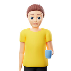 Raster illustration of man is drinking coffee. Young guy in a yellow tshirt holds in his hands a glass, a mug with a hot drink, tea. 3d rendering artwork for business and advertising