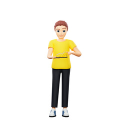 Raster illustration of man holding a coin holder. Young guy in a yellow tshirt analyzes data, infographics, charts, growth, profit, database. 3d rendering artwork for business and advertising