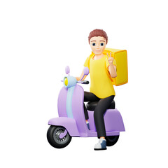 Raster illustration of man riding a scooter and greetings gesture. Young guy in a yellow tshirt rides a motorcycle, delivery, transport, speed, traffic rules. 3d rendering artwork for business